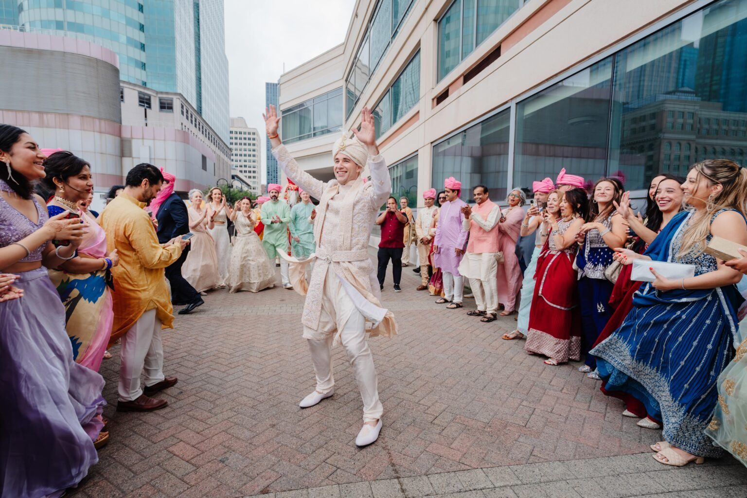 Groom dancing at the baraat