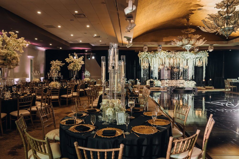 Opulent gold ballroom set for a Diwali gala